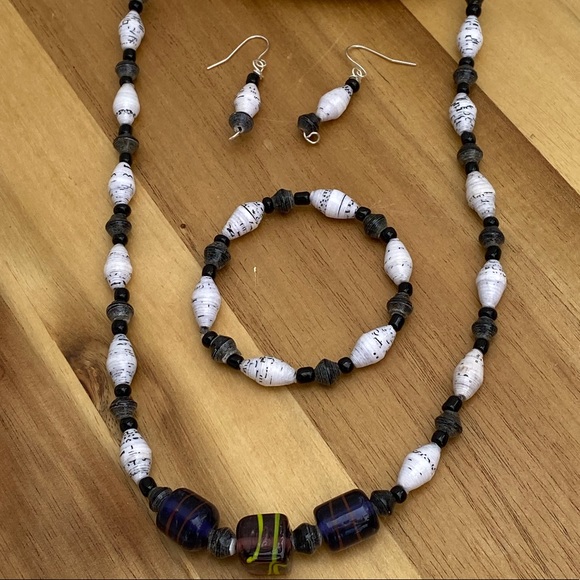 Handcrafted One of a Kind Artisan Recycled Glass and Paper Beads Jewelry Set - Picture 9 of 9